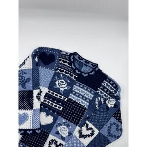 Patchwork Heart‎ Rose Sweater Blue Knit Pullover Women's Cozy Long Sleeve
